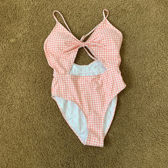 pink and white checkered bikini